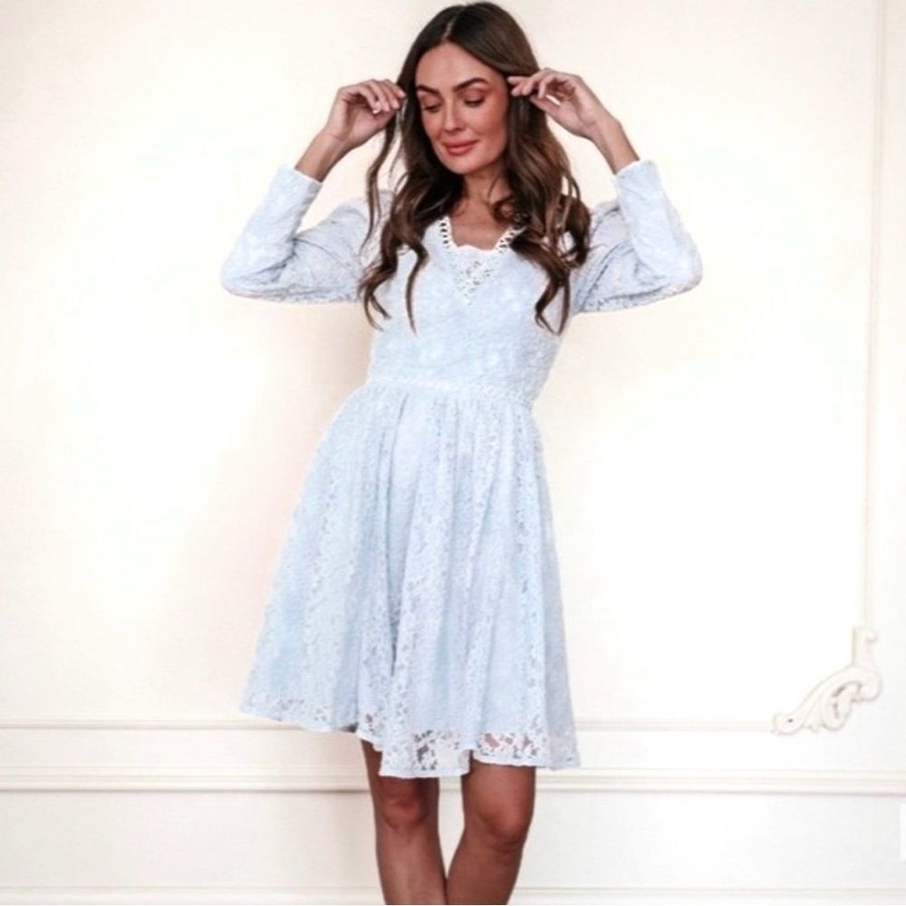 JessaKae Pale Blue Lace V-Neck Long Sleeve Dress